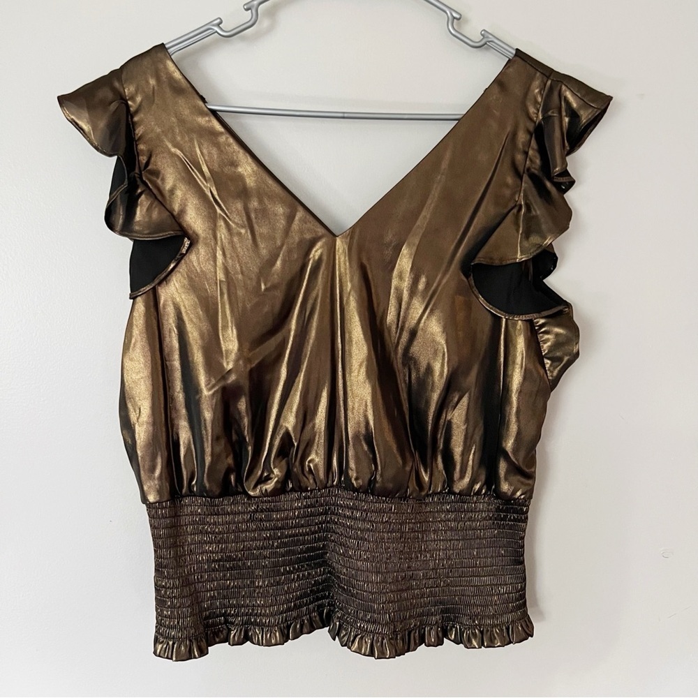 Nine West Metallic Brown Smocked Hem Ruffle Top Sleeveless Large Party Glam Chic - Picture 2 of 9